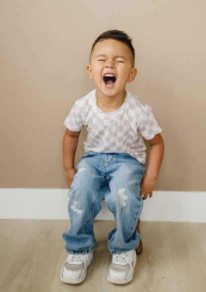Neutral Checkered Bamboo Tee *Sizes 3/6m & sz 6 left by Little Joy Co., product view 6
