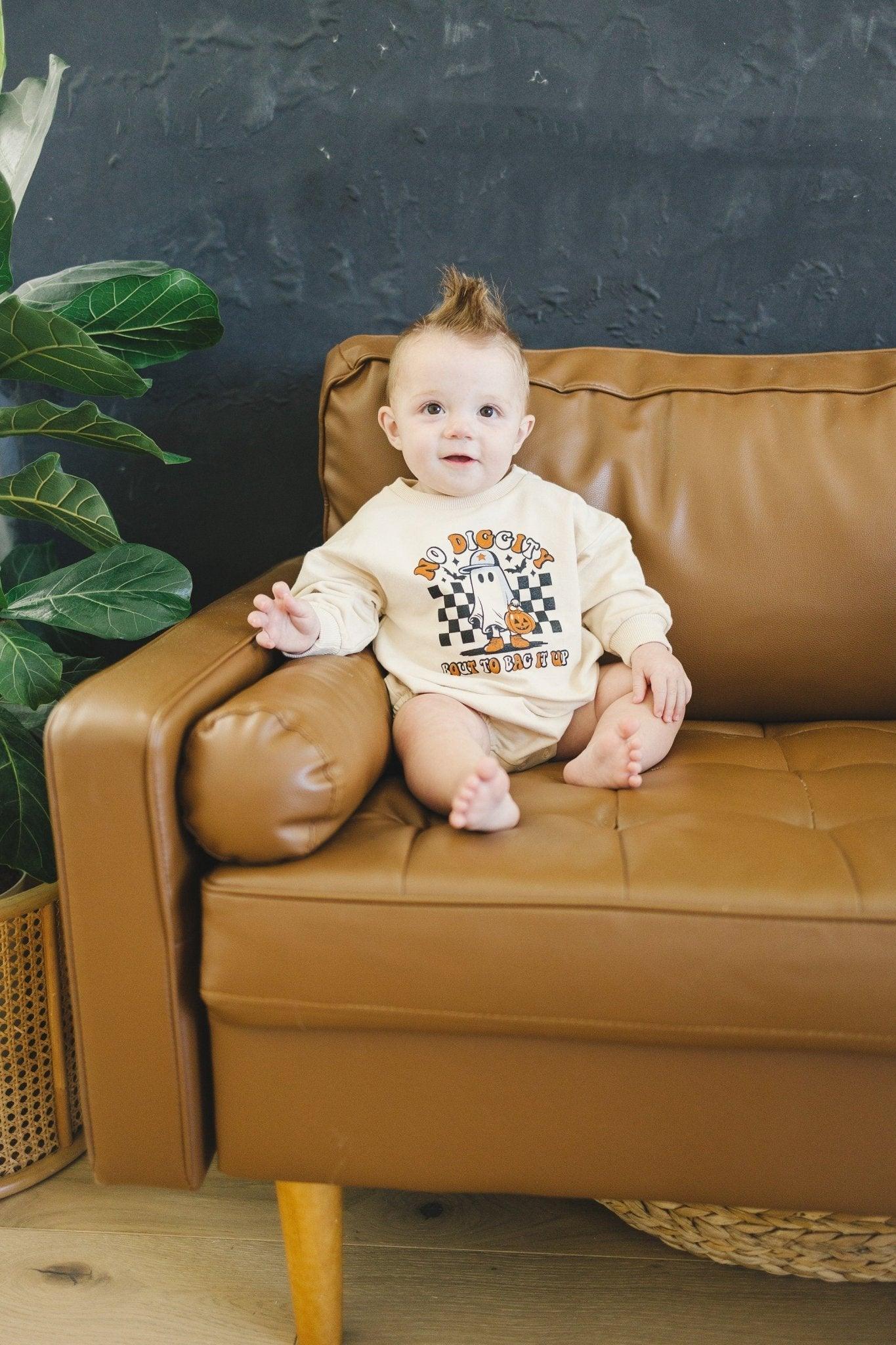 No Diggity Bout to Bag It Up Organic Cotton Sweatshirt Romper by Little Joy Co., product view 3