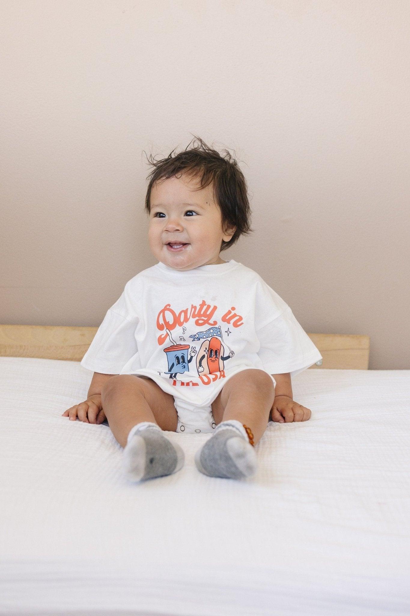 Party in the USA Graphic Tee or T-Shirt Romper by Little Joy Co., product view 3