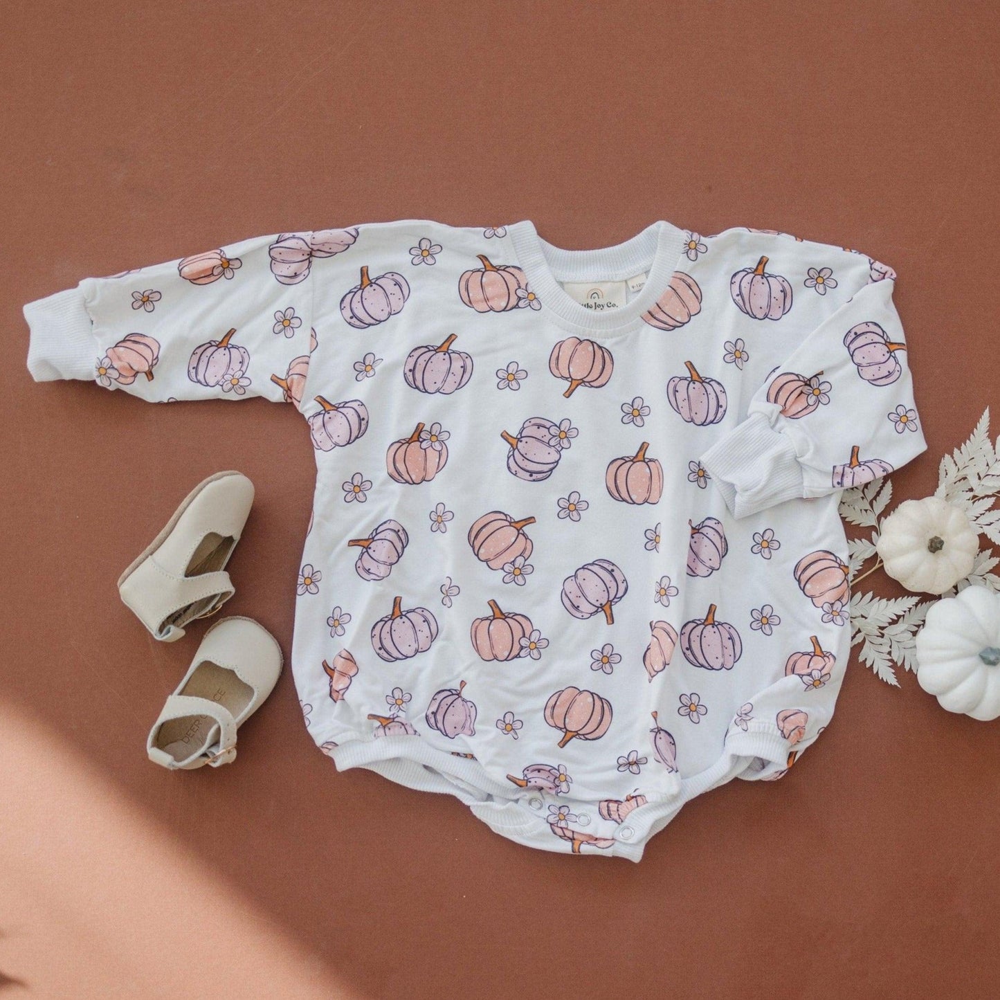 Pastel Pumpkins Bamboo Bubble Romper by Little Joy Co., product view 2
