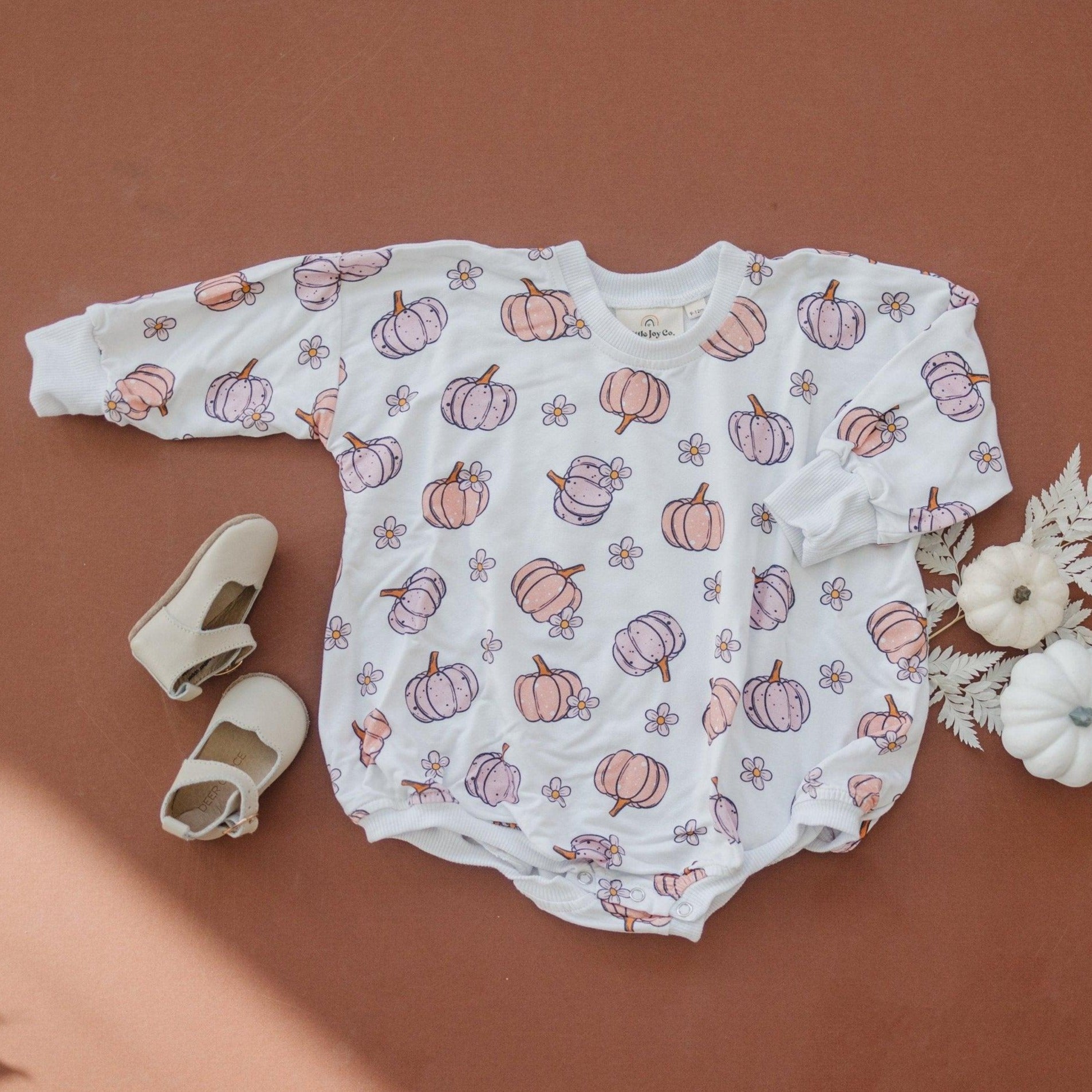 Pastel Pumpkins Bamboo Bubble Romper by Little Joy Co., product view 2