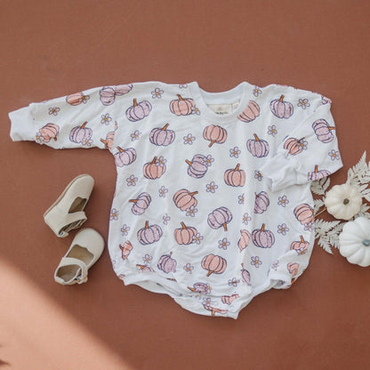 Pastel Pumpkins Bamboo Bubble Romper by Little Joy Co., product view 2