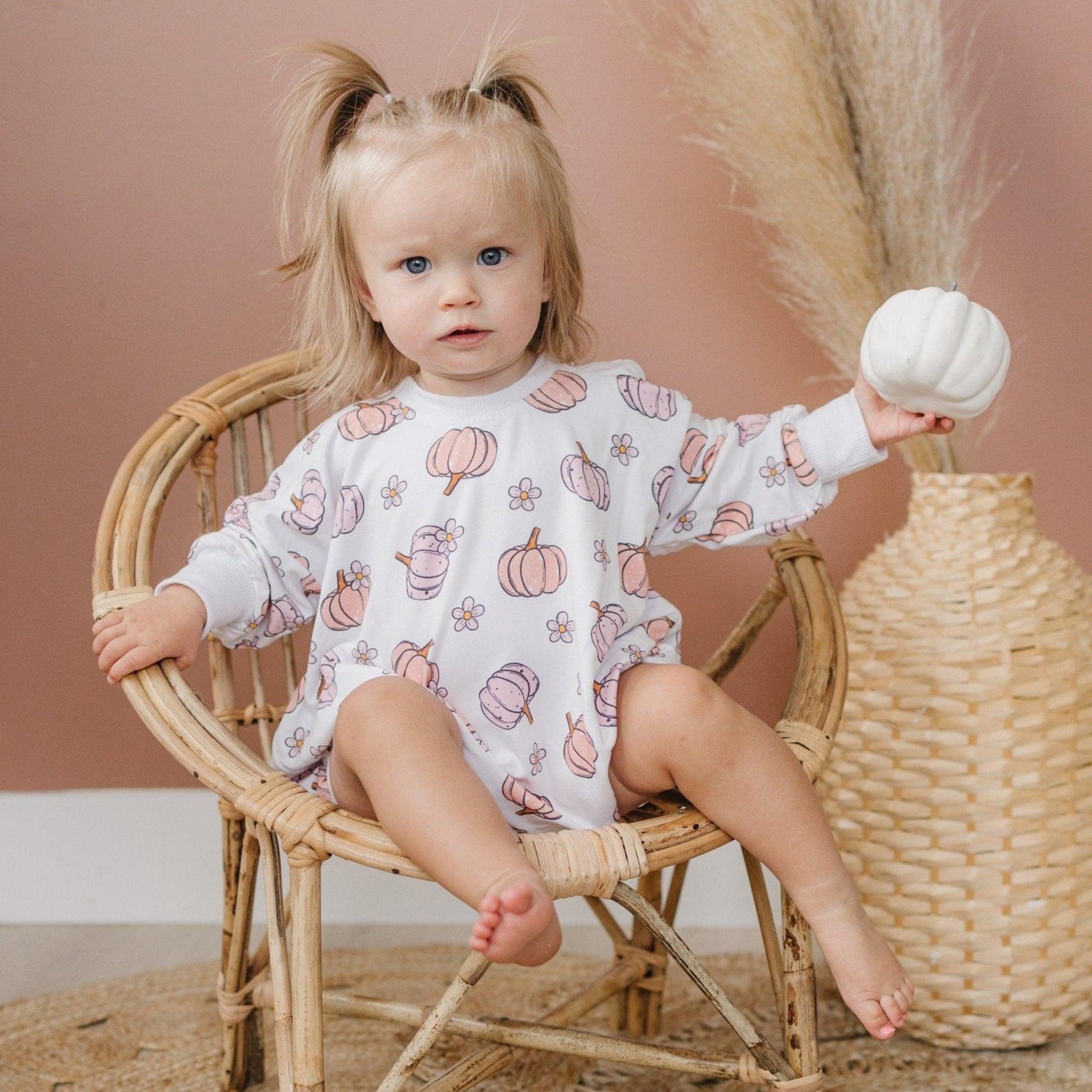 Pastel Pumpkins Bamboo Bubble Romper by Little Joy Co., product view 10