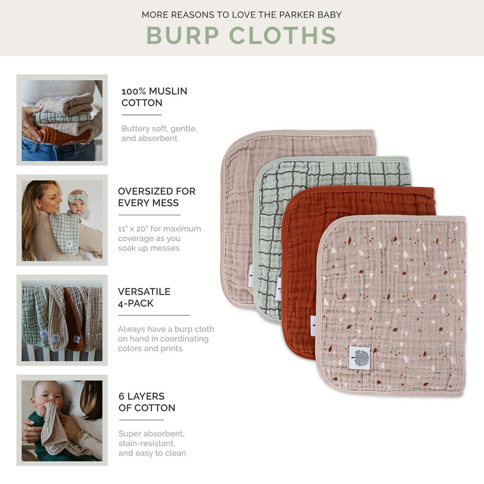 Pebble Set - Muslin Burp Cloths (4 Pack) by Parker Baby Co., product view 3