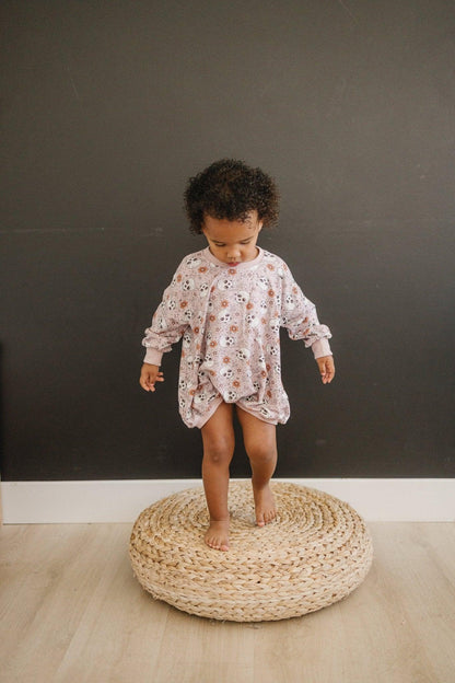 Purple Floral Skulls Bamboo Bubble Romper by Little Joy Co., product view 9