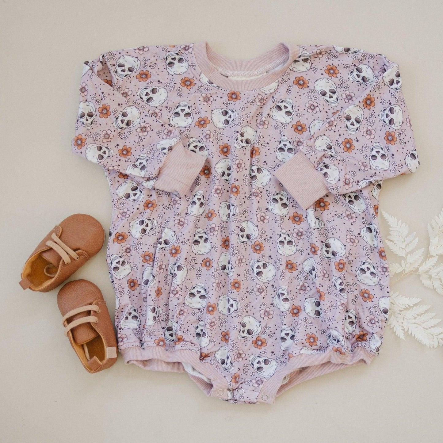 Purple Floral Skulls Bamboo Bubble Romper by Little Joy Co., product view 6
