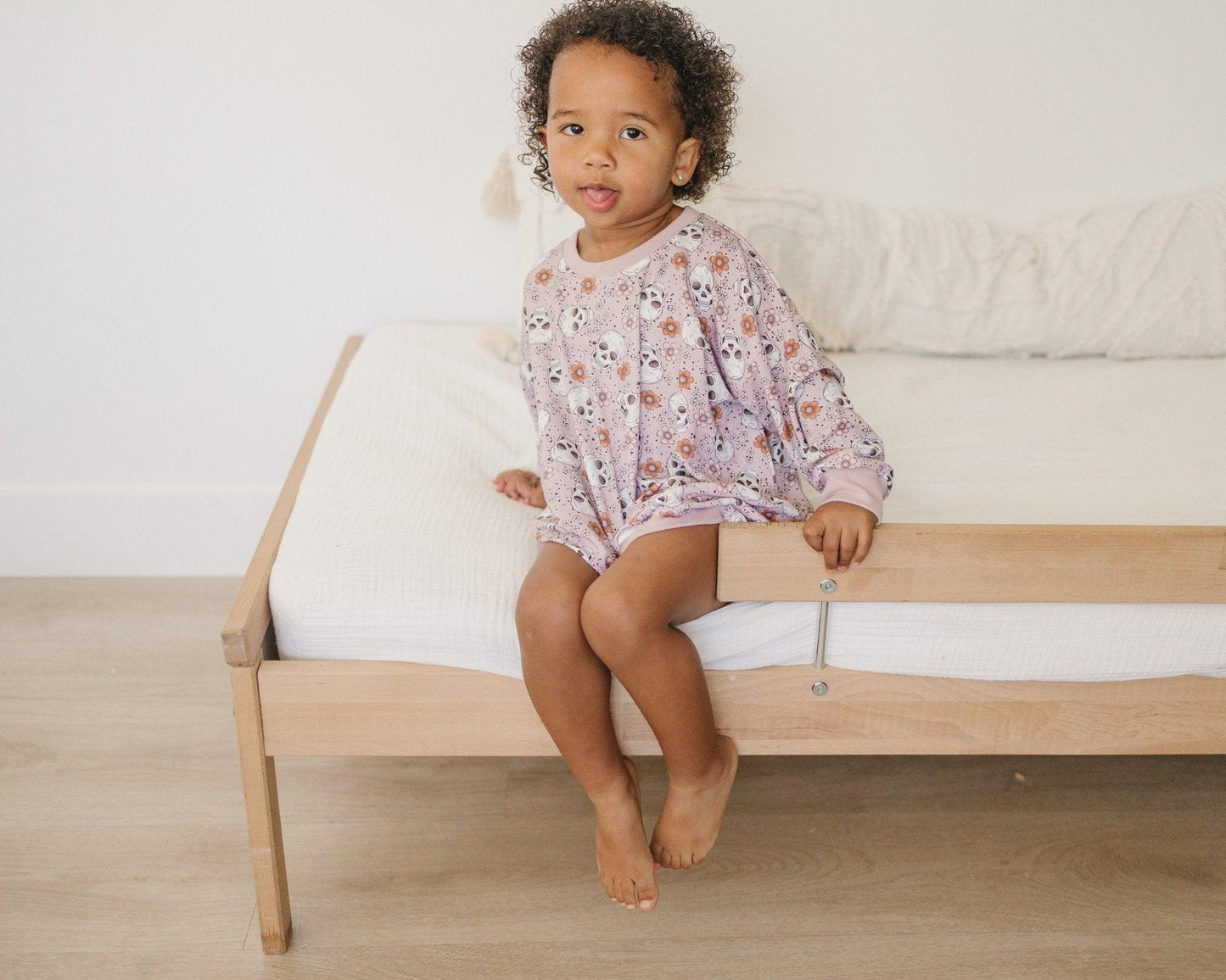 Purple Floral Skulls Bamboo Bubble Romper by Little Joy Co., product view 7