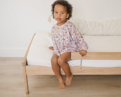 Purple Floral Skulls Bamboo Bubble Romper by Little Joy Co., product view 7