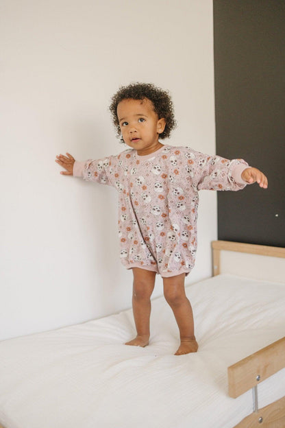 Purple Floral Skulls Bamboo Bubble Romper by Little Joy Co., product view 8