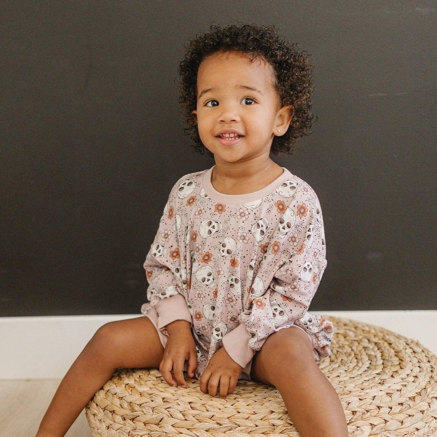 Purple Floral Skulls Bamboo Bubble Romper by Little Joy Co., product view 5