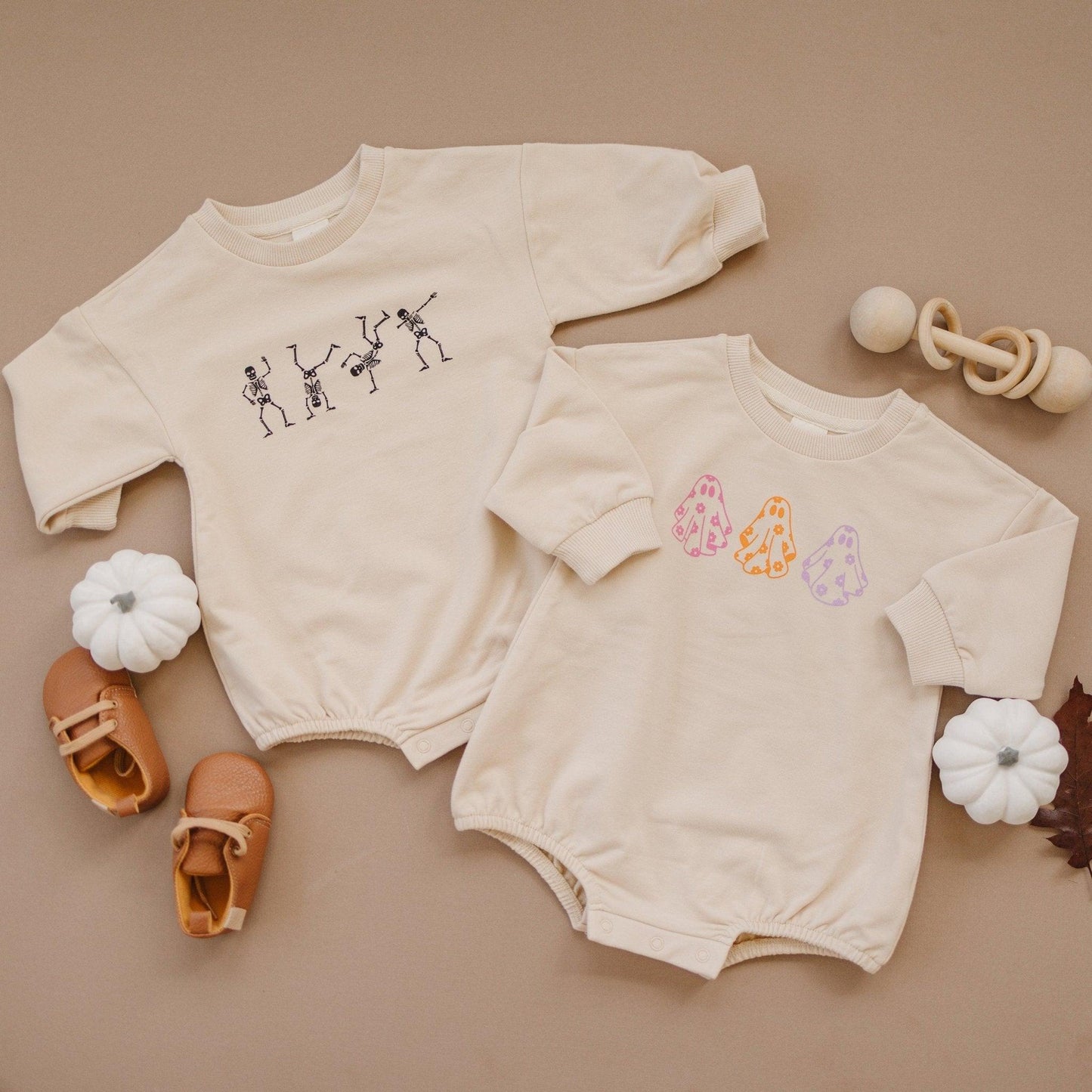 Retro Daisy Ghosts Organic Cotton Sweatshirt Romper by Little Joy Co., product view 2