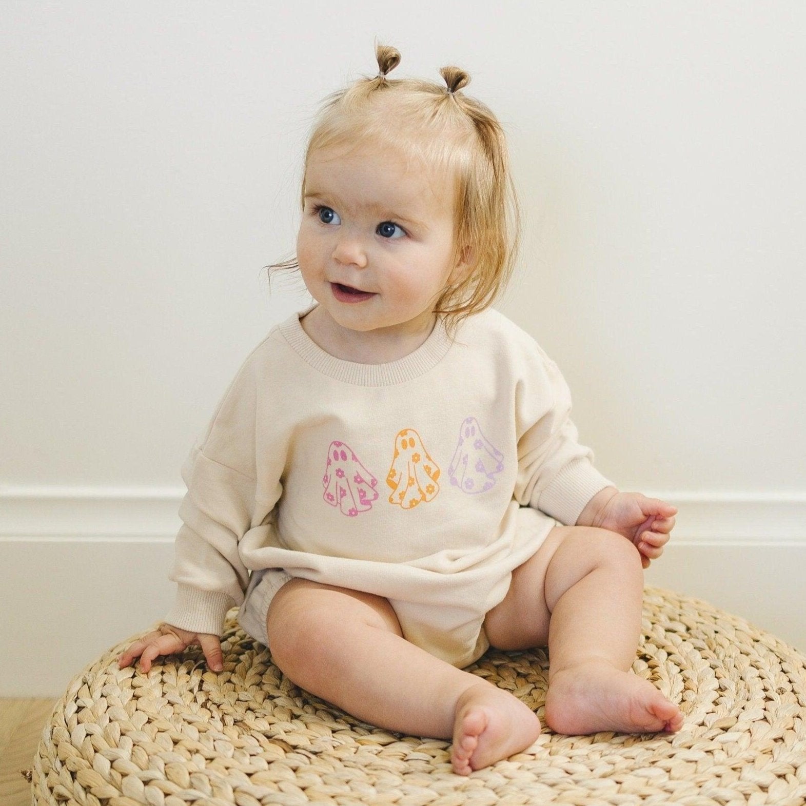 Retro Daisy Ghosts Organic Cotton Sweatshirt Romper by Little Joy Co.