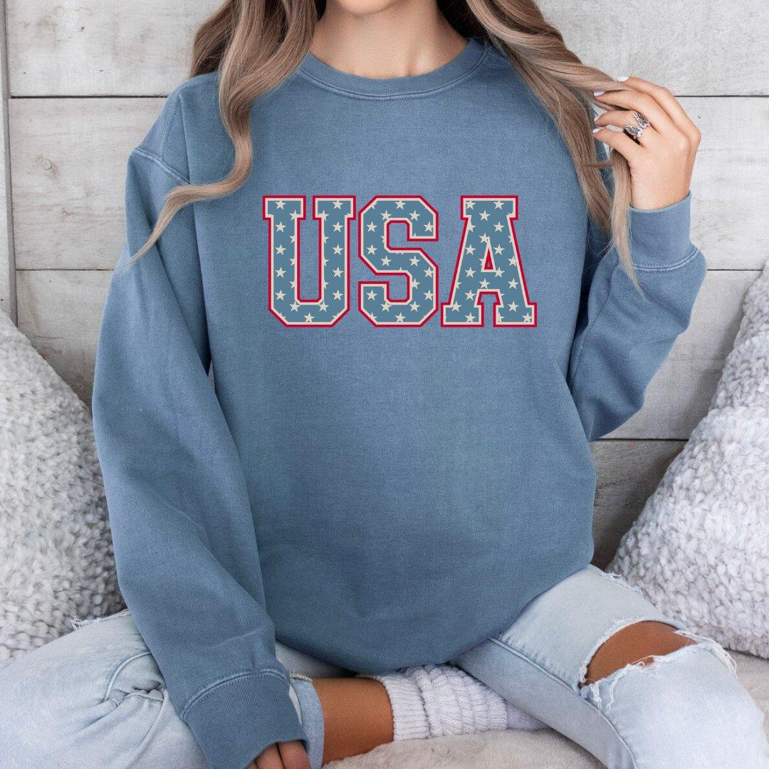 Unisex Adult USA Stars on Comfort Colors Crewneck Sweatshirt by Little Joy Co.