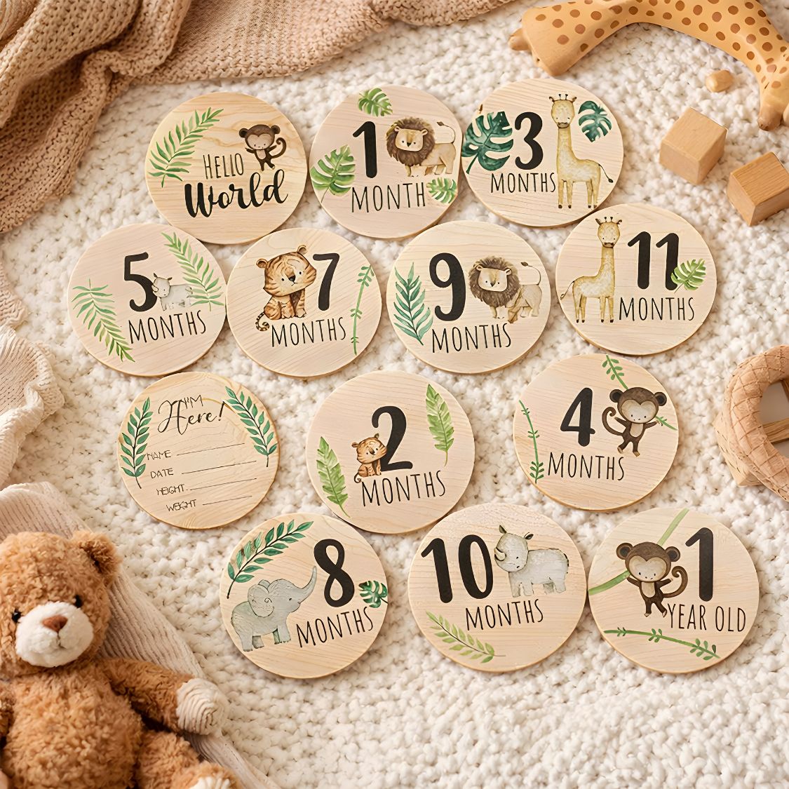 Wooden Baby Milestone Cards – Safari Jungle Theme | 7 Double-Sided Monthly… by Little Treasures